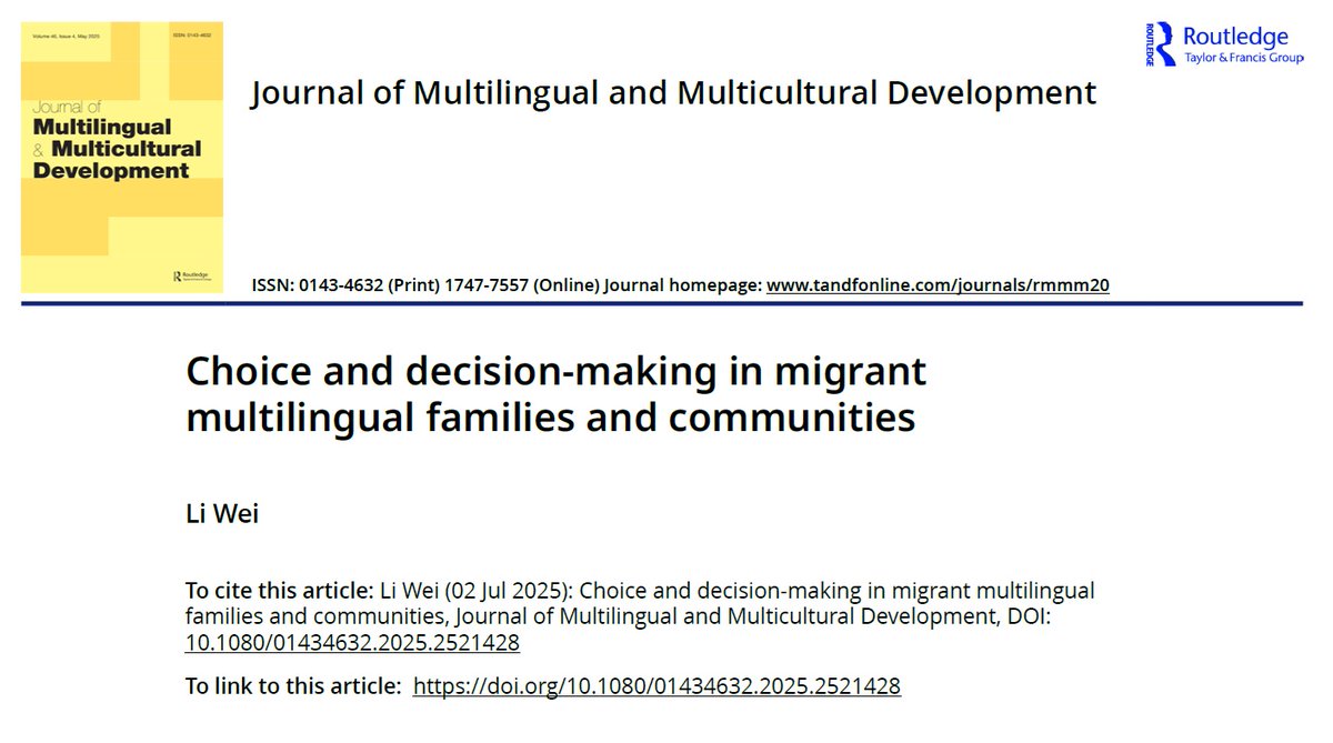 ✍️The commentary by <a href="/professorliwei1/">Li Wei 李嵬</a> has been published online, marking the final piece in my special issue, 'Exploring Language Dynamics across (#Migrant) Communities'. Read it here: doi.org/10.1080/014346…
#transnational #FLP #HOLM2023