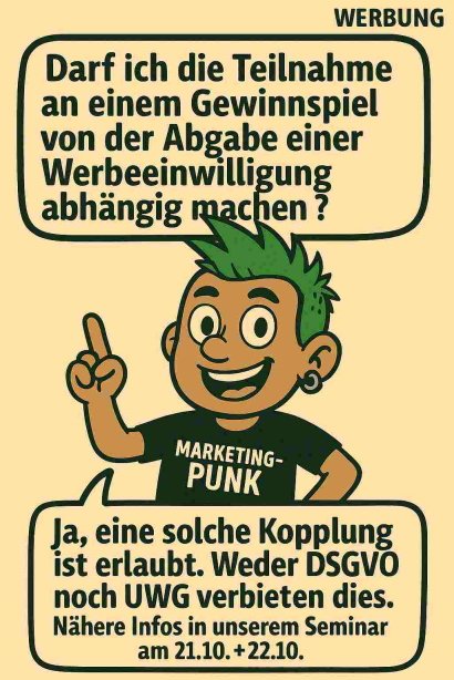 Werbung rechtssicher? So geht's!
Jetzt Platz sichern für unser Seminar „Werbeeinwilligungen nach DSGVO &amp; UWG“ am 21.10. + 22.10.
👉 Alle Infos &amp; Anmeldung: Dr-Bahr.com/seminar/