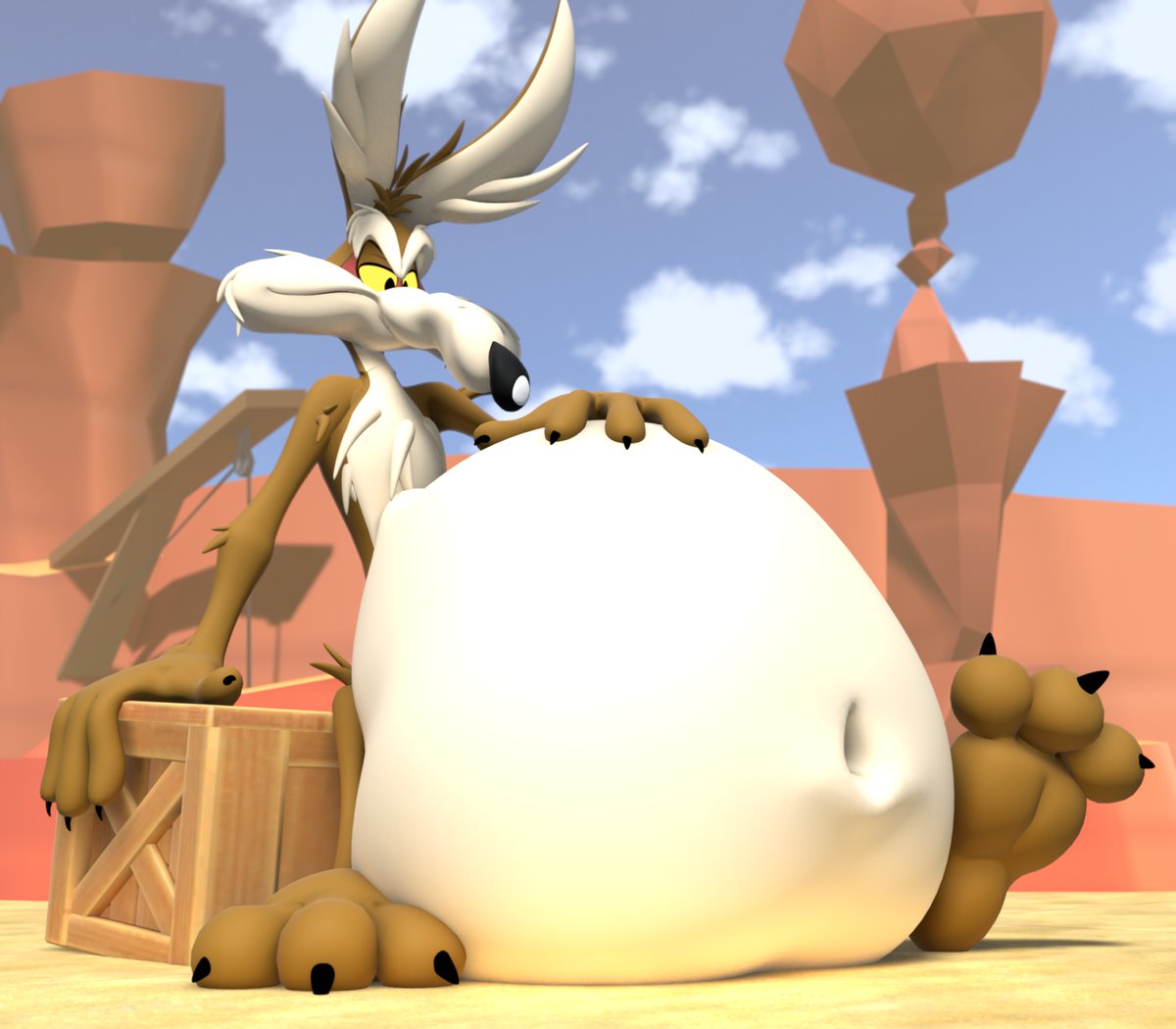 CW: #Vore 

Seems Wile E's quite full this fine day, I wonder what (or who) with?

#Blender #WIleECoyote #WileWednesday