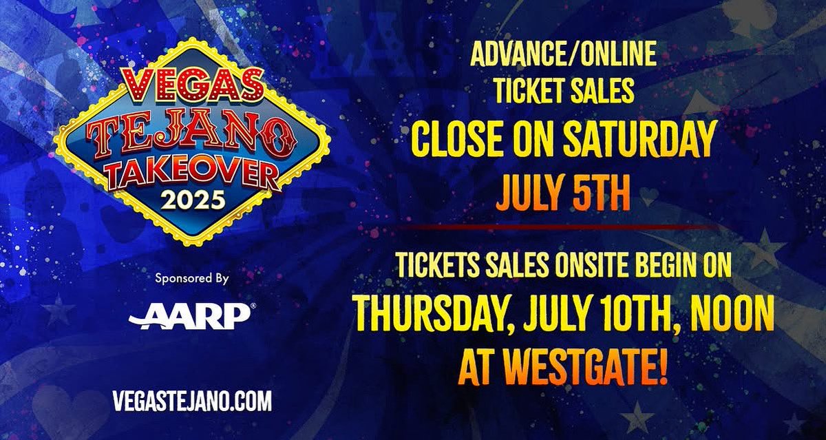 VEGAS, ARE YOU READY?  FINAL CALL! We close ONLINE ticket sales this Saturday evening!  

We OPEN UP ONSITE TICKETING at Westgate on Thursday, July 10th at Noon pacific.

Don't get left out! 96 Hours of Onda Tejana is coming to you live from Las Vegas!!
