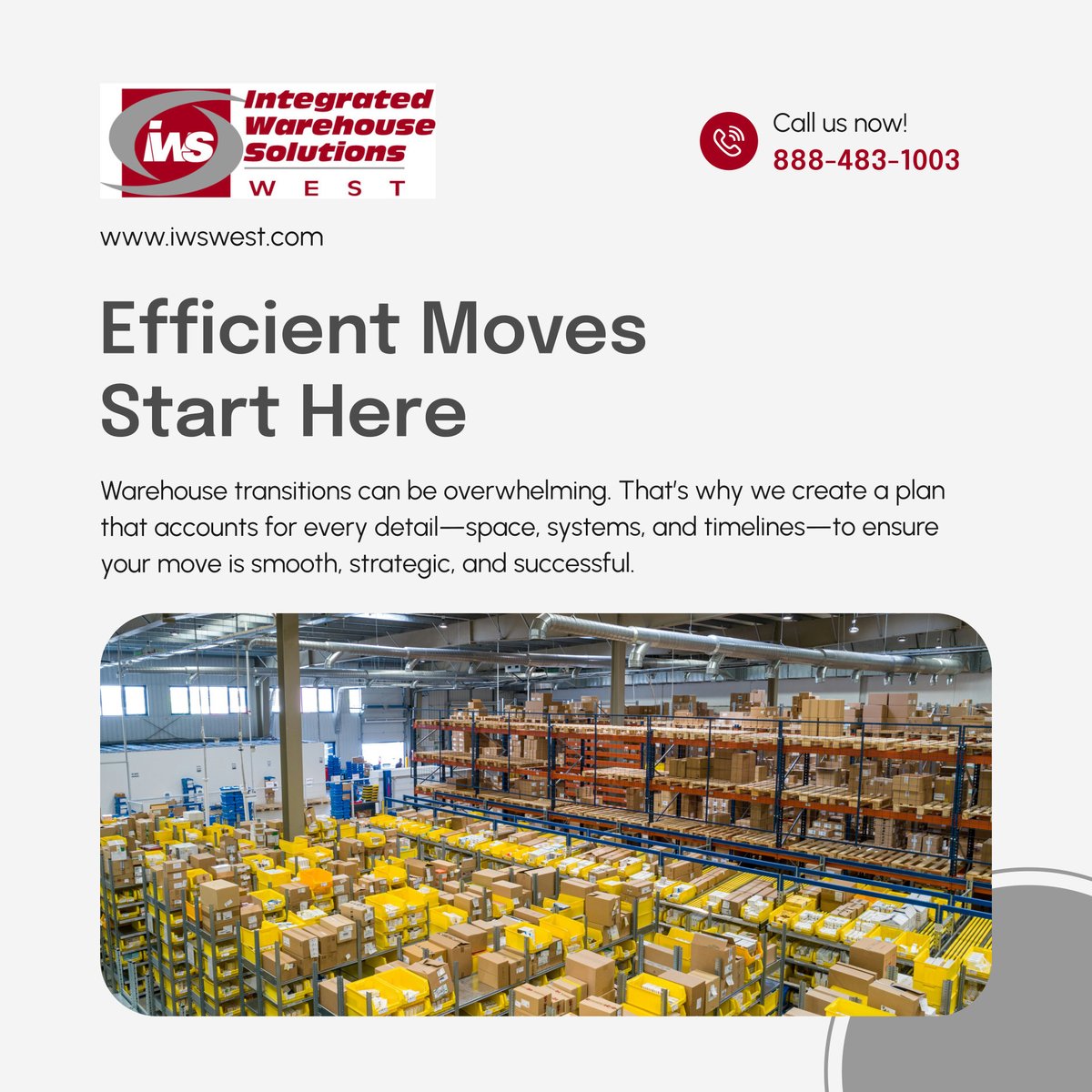 iwswestinc's tweet image. Thinking about relocating your facility? 🏗️ We make the process efficient from day one—maximizing space and minimizing stress. Let’s talk about your next big move. 📦✨

#CoronaCA #WarehouseServices #FacilityRelocation #WarehouseMove #EfficiencyExperts