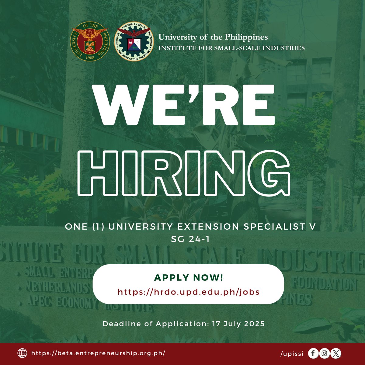 UP ISSI is looking for One (1) University Extension Specialist V
📌 Salary Grade: 24-1
📅 Deadline of Application: 17 July 2025
Apply now through: hrdo.upd.edu.ph/jobs
Join us in promoting innovation and excellence in extension services!