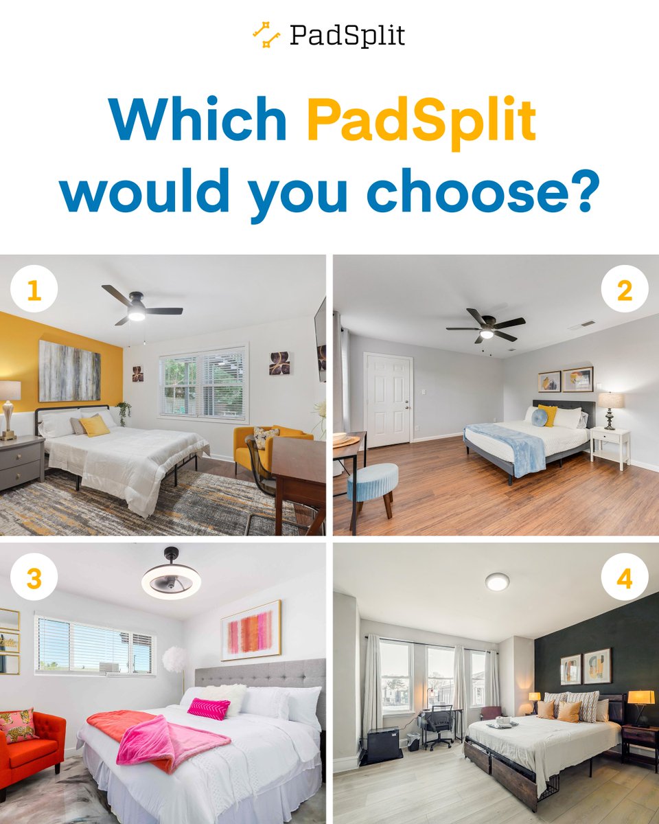 PadSplit's tweet image. Which one of these rooms would you call home? 🛏️ Whether you're into cozy corners or clean modern style, there's a PadSplit room that fits your vibe.

✨ Drop your favorite in the comments—1, 2, 3, or 4?
#PadSplit #SharedLiving #AffordableHousing #RoomGoals #Coliving