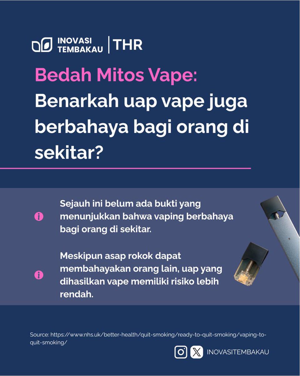 Tahukah kamu? Vaping menghasilkan uap, bukan asap, sehingga memiliki risiko yang lebih rendah dibandingkan rokok konvensional. Penting untuk diingat, perhatikan area sekitar saat vaping, jangan di sekitar anak-anak atau bayi, ya!

Sumber: nhs.uk/better-health/…