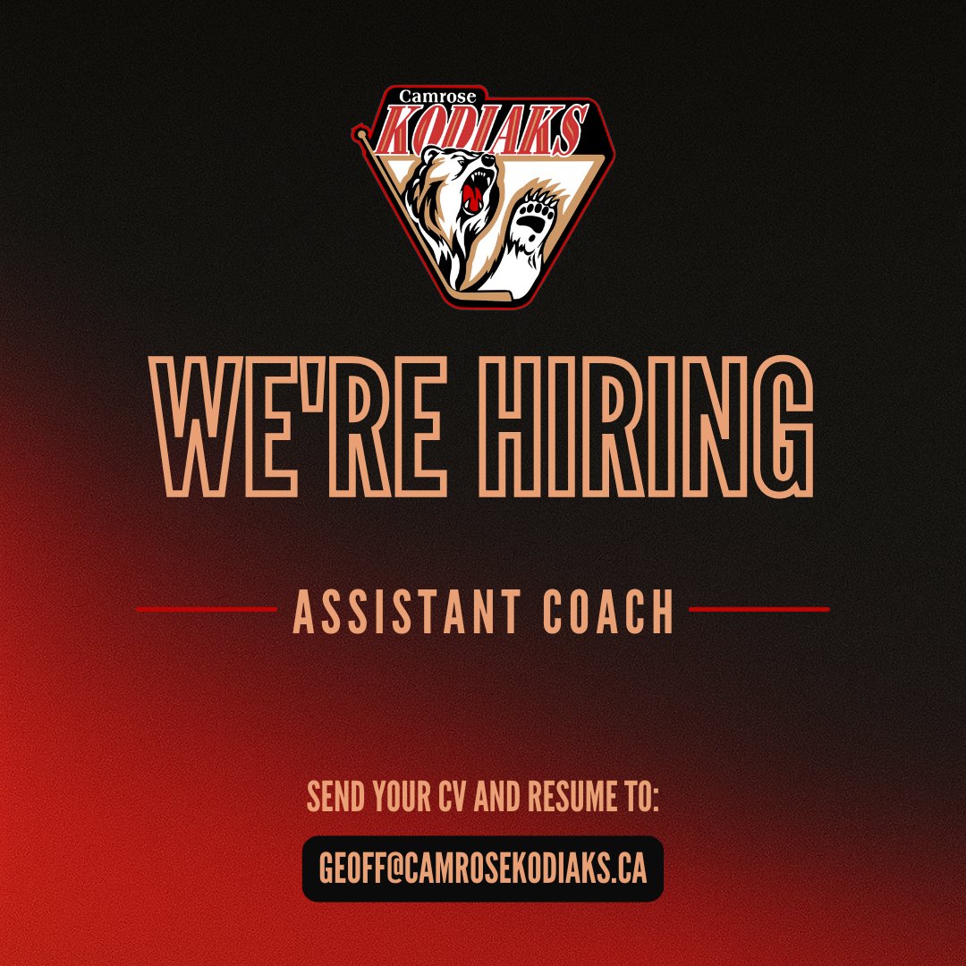 The Camrose Kodiaks of the Alberta Junior Hockey League (AJHL) are seeking a dedicated and passionate Assistant Coach to join our organization for the upcoming season.
For more info, check out camrosekodiaks.ca/kodiaks-lookin…...
#AJHL #KodiaksHockey #GOKODS