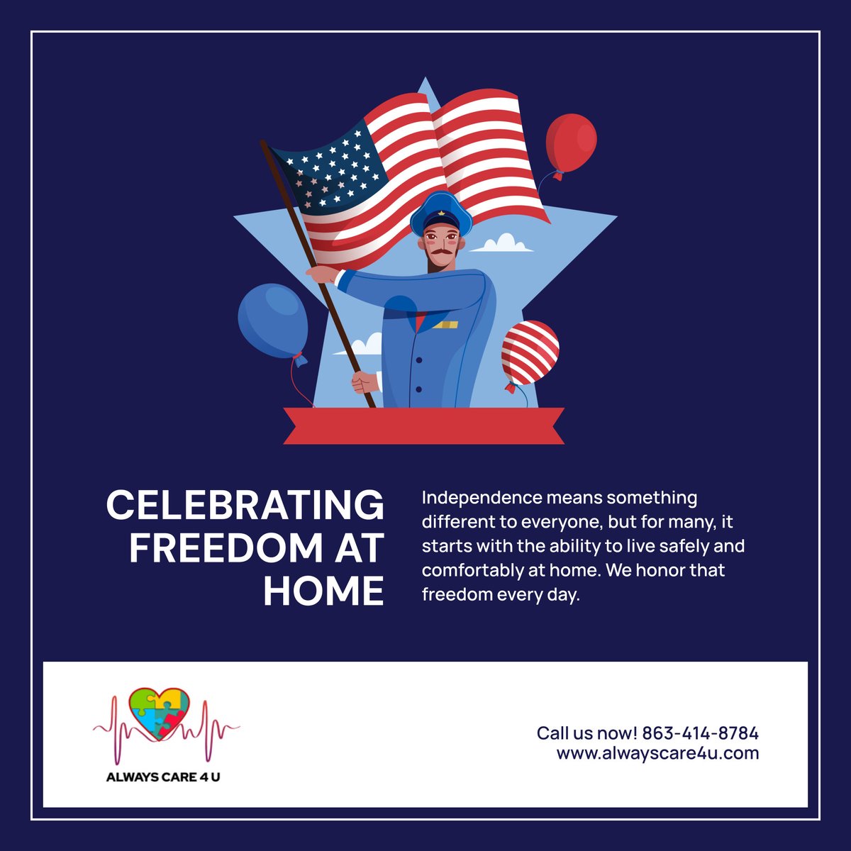 alwayscare4uhc's tweet photo. 🎆 This Independence Day, we celebrate the freedom to live well at home. Here’s to comfort, dignity, and daily independence.  

#IndependenceDay #CelebrateFreedom #AgingWithDignity #4thOfJuly #HappyIndependenceDay https://t.co/vIc5fR8JkT