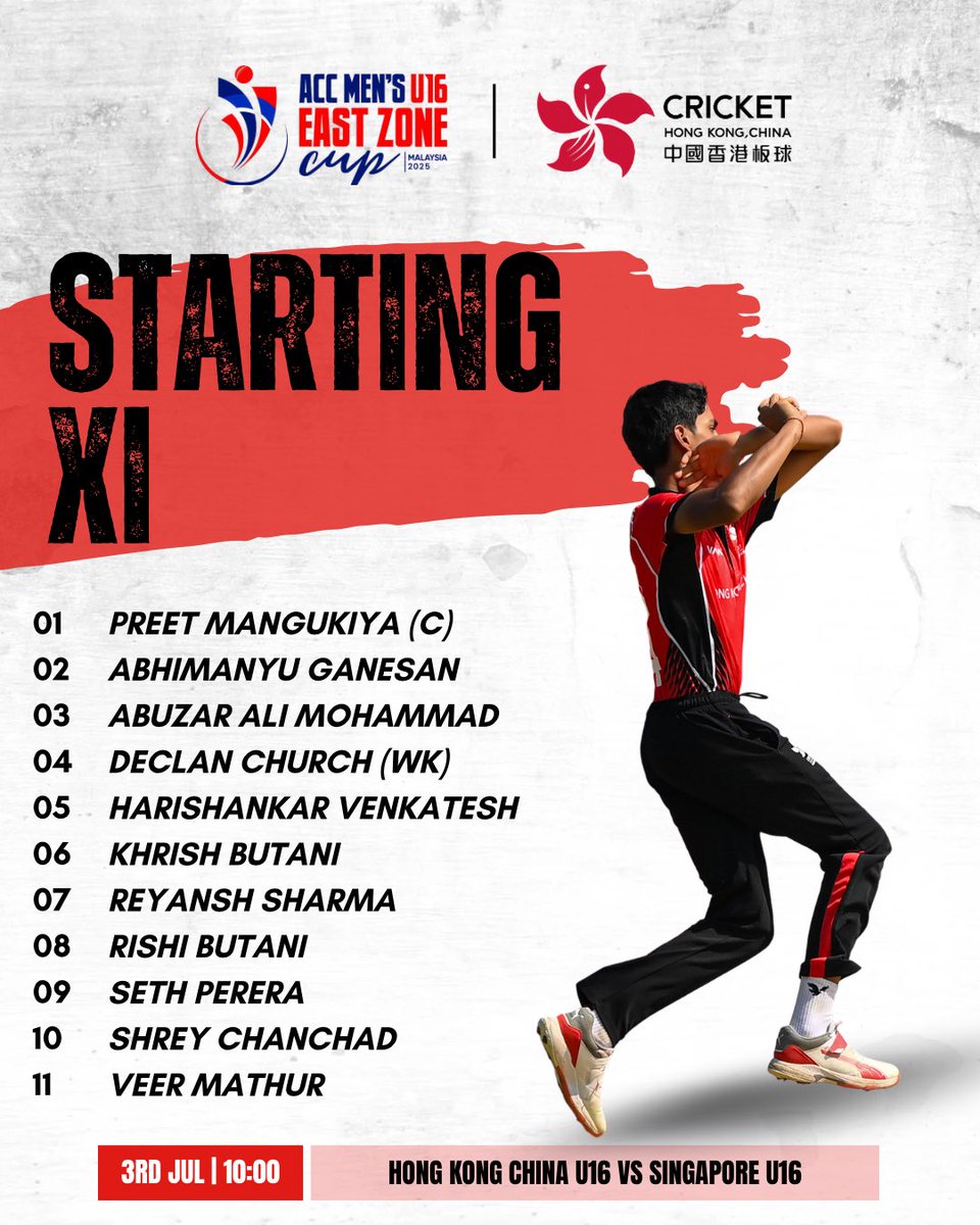 Our team is geared up for today’s semi-final of the ACC Men’s U16 East Zone Cup against Singapore U16! The battle begins at 10 AM HKT—get ready to cheer them on with all your passion! 🔥

Hong Kong, China U16 won the toss and chose to bat first.

🔗Livestream: