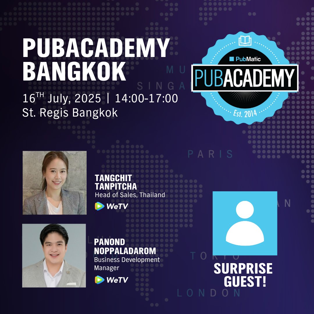 We’re thrilled to welcome WeTV to PubAcademy Bangkok!

Join us for an inside look at how they:
✔️ Create hit Thai content with global appeal
✔️ Collaborate with brands from script to screen
✔️ Boost content impact with programmatic

Register now: events.pubmatic.com/pubacademybang…
