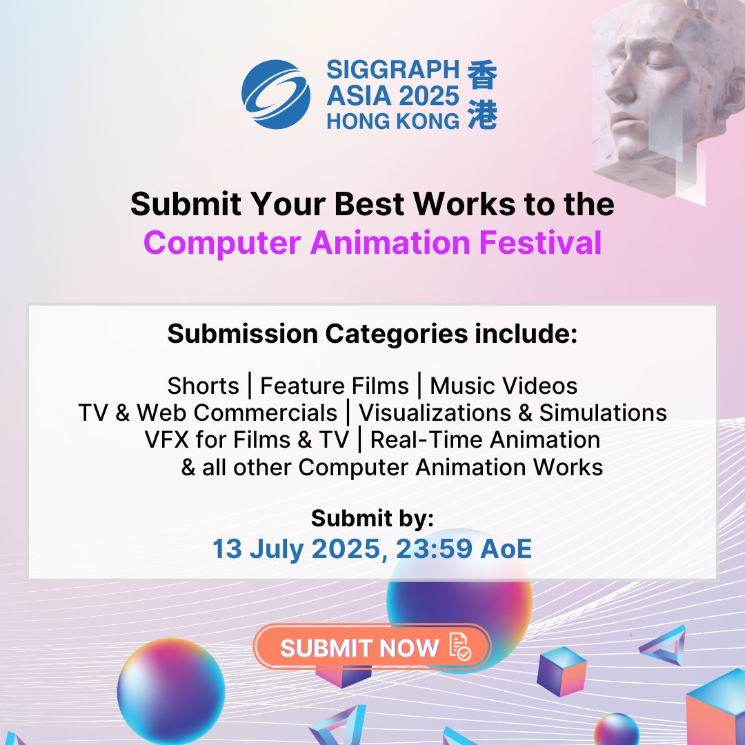 SIGGRAPHAsia's tweet image. 🌟 Pushing #animation boundaries? 🌟 Be it a short film, real-time piece, AI-generated sequence, or #VFX shot — the #SIGGRAPHAsia2025 Computer Animation Festival wants to see it.
Submit by 13 July!
👉 bit.ly/sa25-submissio…
#SACAF Chair: Tim Cheung
Producer: Jennifer Lee