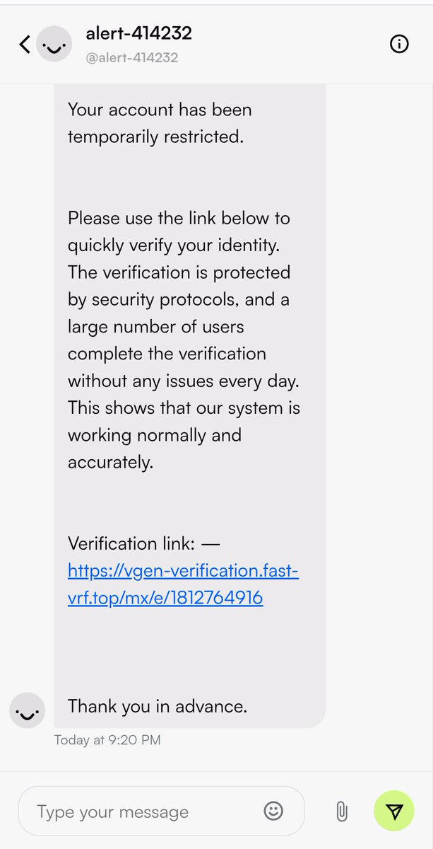 ⚠️Please be careful guys!⚠️
I received this message on Vgen.

Do not click on any links! Report this type of message so that Vgen team can take care of it.
