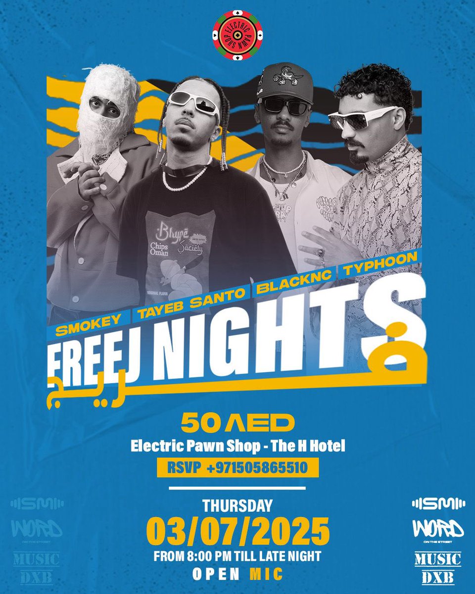 Pull up to Freej Nights on Thursday 3/7 at @electricpawnshop 

📍The H hotel Sheikh Zayed Road
⏱️ 8:00pm till late night
 RSVP: +971505865510
 Age: +21

Activities:
Open mic

Dj’s:
<a href="/djsadcat/">Dj Sadcat</a> 
<a href="/LobitoBrigante/">Lobito Brigante</a>