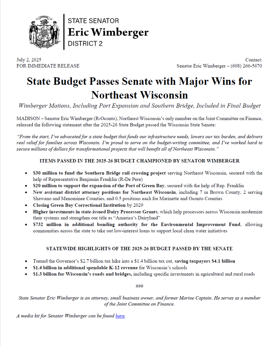 EricWimberger's tweet image. The 2025-26 State Budget has passed the Senate, with major wins I was proud to deliver as Northeast Wisconsin's only member on the budget committee:
✅$30 million for the Southern Bridge project
✅$20 million to expand the Port of Green Bay
✅New assistant district attorneys…