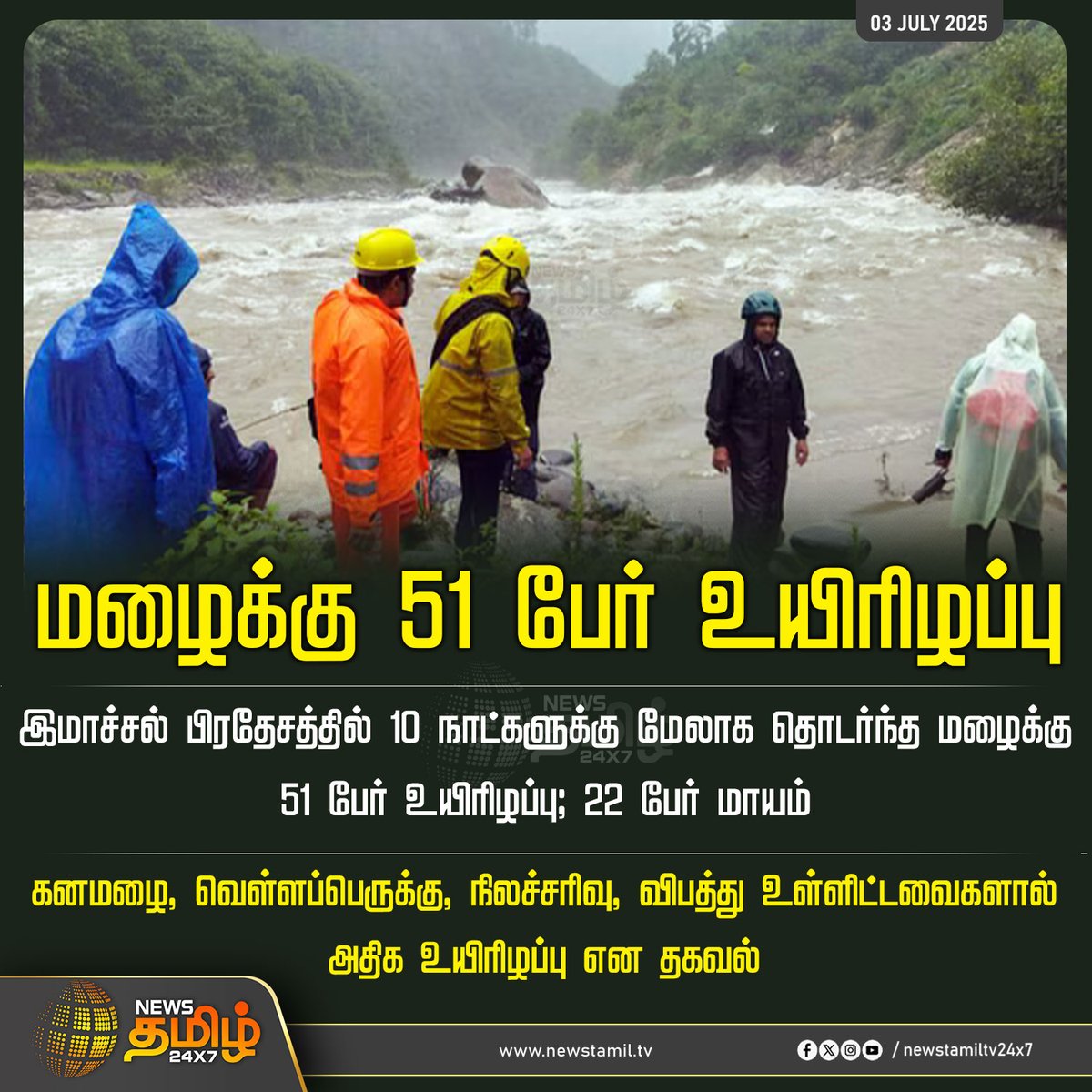 NewsTamilTV24x7's tweet photo. #NewsUpdate | மழைக்கு 51 பேர் உயிரிழப்பு
#HimachalPradesh #RainFury #51Dead #22Missing #HimachalFloods #NaturalDisaster #WeatherPhenomenon #TamilNews #NewsTamil #NewsTamil24x7 https://t.co/vUeWS9zlLy