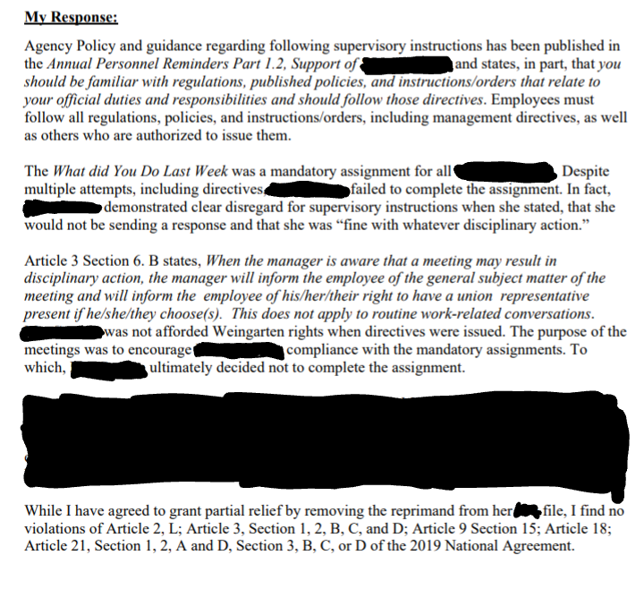 I received an official reprimand for not sending the weekly What did you do emails. They wanted the write-up to stay in my file for a year. I fought it and won. <a href="/elonmusk/">Elon Musk</a> you're a POS! You have wasted tax payers time and money. Hope you get deported.