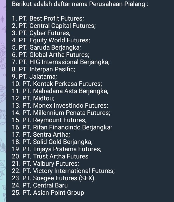 syugarpluuum's tweet image. perusahaannya ada di list ini gak nder? tapi kalaupun gaada di list, biasanya yg futures atau berjangka itu pialang dan mereka lokasinya di axa tower itu