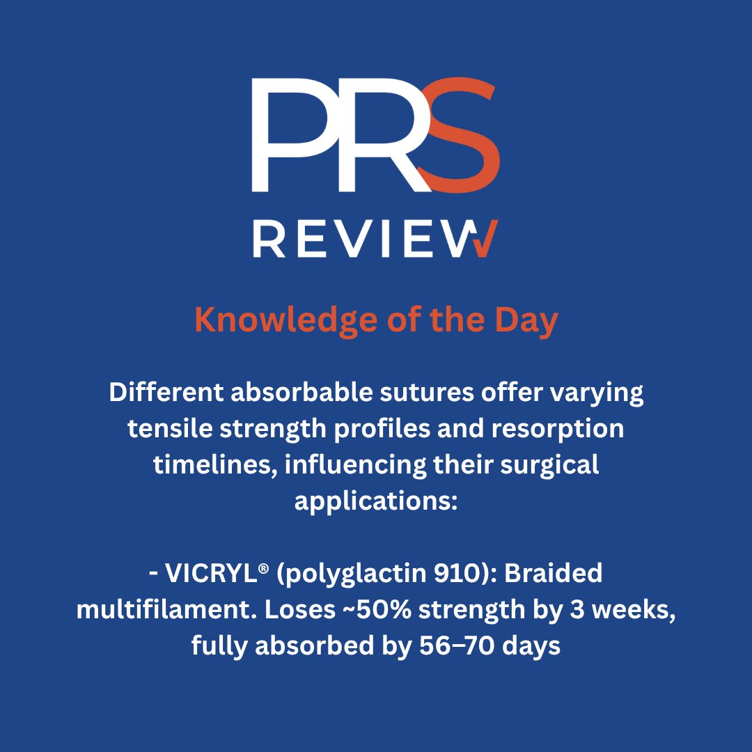 prsreview's tweet image. Suture strength and absorption

#prsreview #suture #surgery #vicryl #monocryl #pds #stitches #suturing #generalsurgery #ENT #OMFS #plasticsurgery #reconstructivesurgery #surgicaleducation #medicaleducation #meded #plasticsurgeryresidency #plasticsurgeryfellowship #surgery