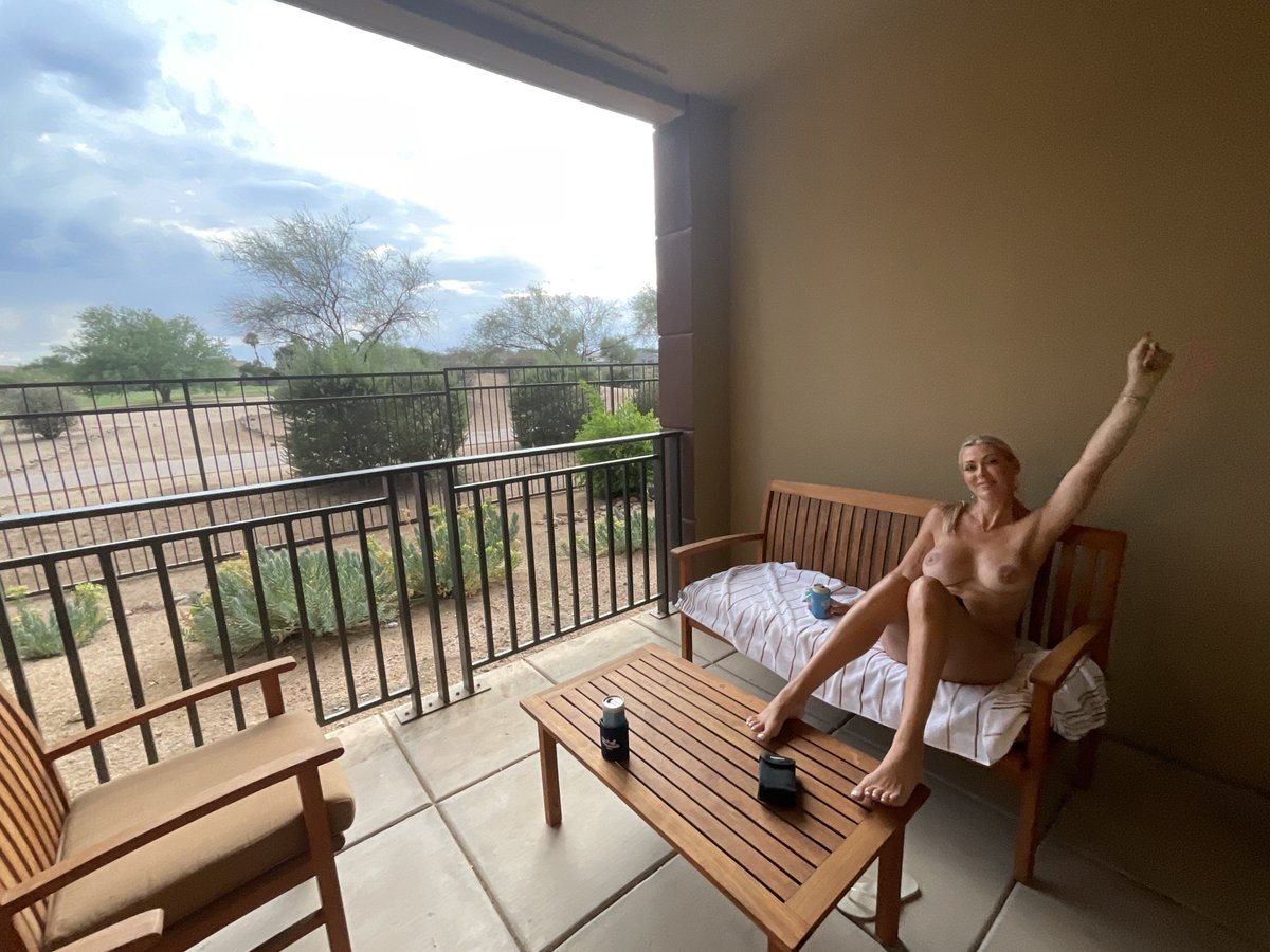 So far she’s paraded the resort in next to nothing, shown herself off at the pool, and flashed the GoPuff guy. Now it’s naked patio party! This is going to be an epic trip with a LOT of happy golfers going by.