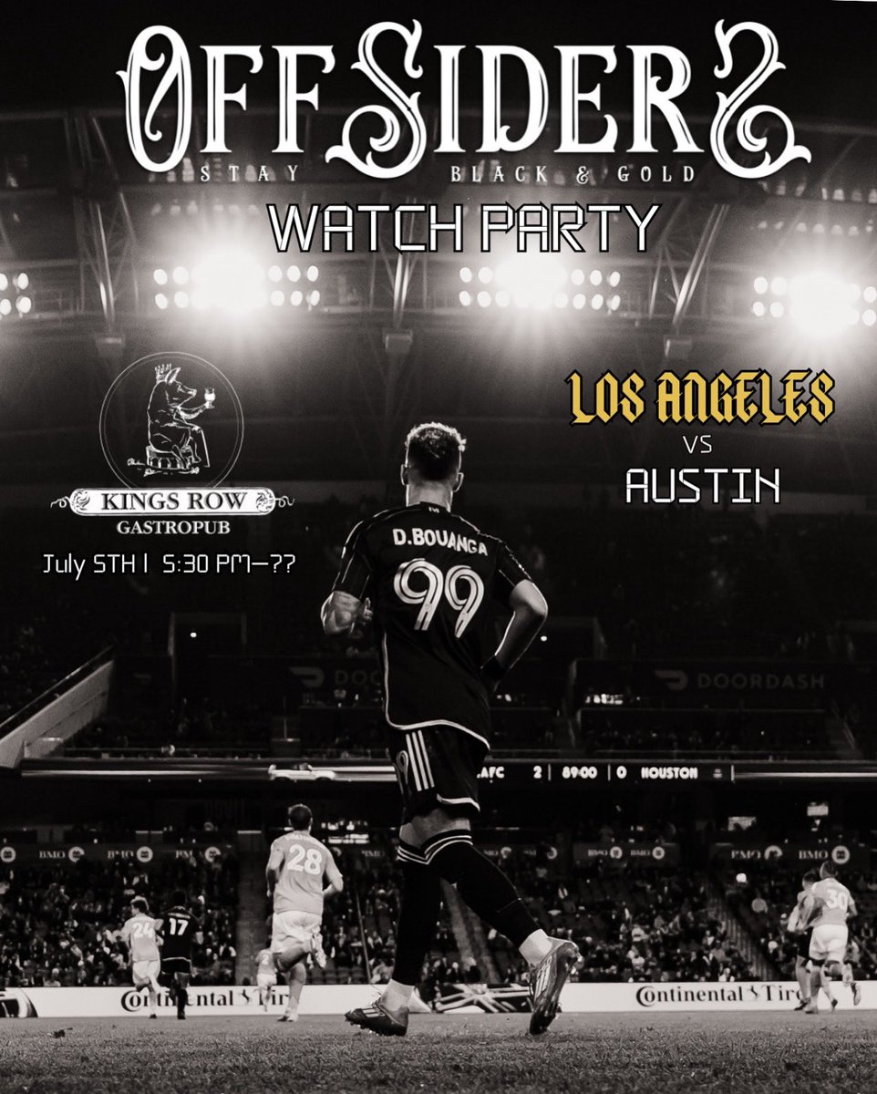 Join us at Kings Row this Saturday at 5:30 PM for the LAFC vs Austin watch party.
Beer, vibes, and Black &amp; Gold.🖤💛
.
..
…
#lafc #watchparty #lafc3252 #lafcoffsiders