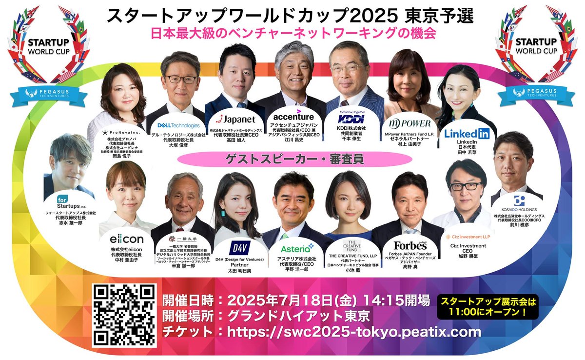 7月18日(金)にグランドハイアット東京にて開催される米ペガサス・テック・ベンチャーズ主催「スタートアップワールドカップ東京予選」に私もゲストスピーカーとして参加させて頂きます。

startupworldcup.io/tokyo-regional

当日会場にてお会いしましょう!!