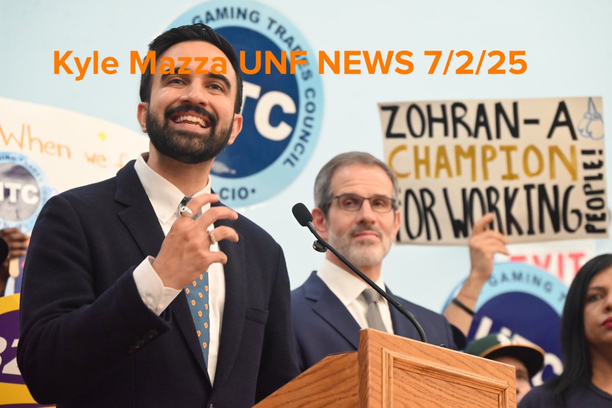 KyleMazzaWUNF's tweet photo. Zohran Mamdani, the Democratic nominee for New York City mayor, delivers remarks at a primary victory celebration with leaders and members of the city's labor unions, including the Hotel and Gaming Trades Council, 32BJ SEIU, New York State Nurses Association, and NY City Central Labor Council in Manhattan, New York, on July 2, 2025.
