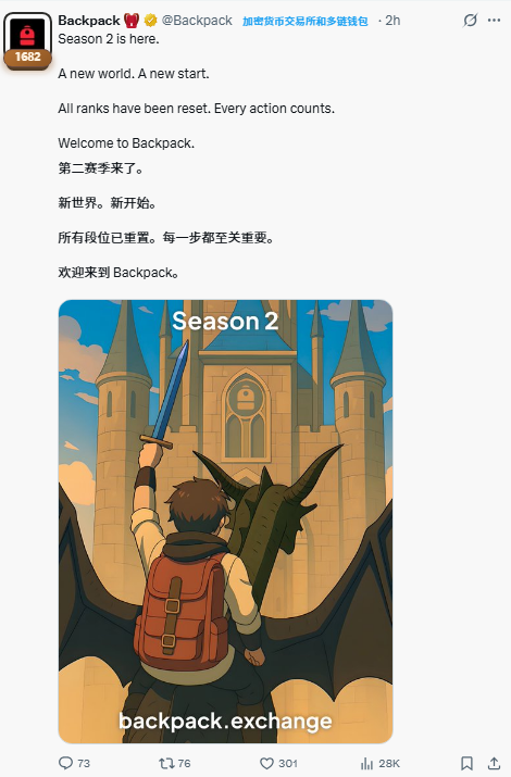 oooooyoung's tweet photo. 🎒背包Backpack第二季今天刚开，下半年我必刷的大项目

别问，问就是看小熊的推直接fomo，总结三个重点👇

① 背包上市，股权、币权分离，且股票上链的大叙事

② VC+做市商份额是0，他们只拿股权

③ 积分赛用户拿代币，TGE 的空投比例是 15% 

最最最重要的是，目前背包仅3万用户，如果几十亿的FDV，你算算是多少空投奖励？

只能说离谱

如果背包的VC拿IPO股票份额，用户拿代币，那么积分赛是我们唯一拿低价筹码的好机会！

————————————————

背包第一季共1亿积分，第二季估计也是1亿分，分10周进行，获取积分的方式👇

→ 存入资金，无需操作其实也有积分
→ 通过交易、LP Vault挖矿有积分
→ 排行榜排名越高，积分越多

别问还来得及吗？现在开刷第二赛季，一切都不晚！

40%返佣链接：
https://t.co/5EPfX45P4c
（详细的注册教程请看引用推文）

————————————————

至于刷分策略？

之前写的这篇背包 @Backpack 高分攻略可以用，但我感觉现在得转变思路了

不要为了刷分而刷分，把Backpack当正常交易所用

好好做交易，争取最大盈利，才是得分的首选！

#backpack