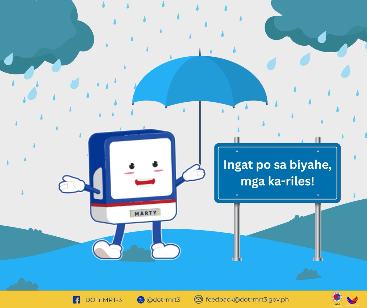 dotrmrt3's tweet photo. Stay dry and safe!
Ingat sa biyahe at 'wag kalimutang magdala ng payong ngayong tag-ulan, mga ka-riles!
#DOTrPH 🇵🇭
#DOTrMRT3
#SulongMRT3
#BagongPilipinas
#KomyuterMuna https://t.co/qLKo5kGAEW