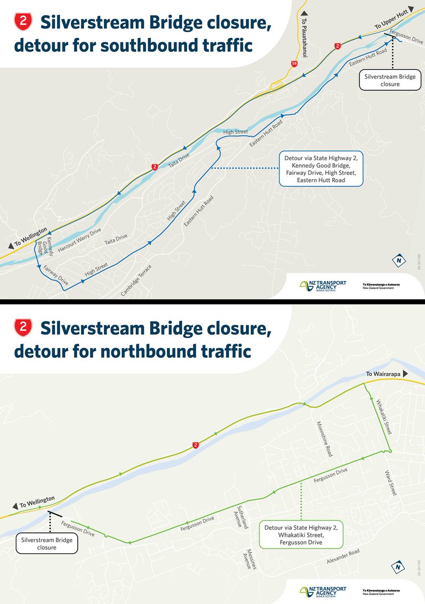 SH2 SILVERSTREAM – RESURFACING
Plan ahead for an overnight CLOSURE of the Silverstream Bridge (Fergusson Dr) on Wed 9 Jul from 9pm to 4am. Follow the signposted detours. Read our full media release and detour options here: journeys.nzta.govt.nz/silverstream-b… ^EH