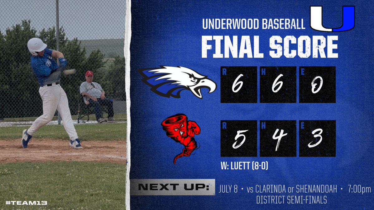 Underwood Baseball (@dirtyubaseball) on Twitter photo Play till the last strike! Down two going into the 7th. Great road win tonight. <a href="/GarrettLuett/">Garrett Luett</a> with 12 k’s <a href="/NickHackett7/">Nick Hackett</a> with 3 rbi. <a href="/GavinMiles178/">Gavin Miles</a> with an rbi. <a href="/LBosejr/">Lucas Bosejr</a> <a href="/MaddoxMech/">Maddox Mechaelsen</a> and Hudson Ross also with hits. #Team13 Play till the last strike! Down two going into the 7th. Great road win tonight. <a href="/GarrettLuett/">Garrett Luett</a> with 12 k’s <a href="/NickHackett7/">Nick Hackett</a> with 3 rbi. <a href="/GavinMiles178/">Gavin Miles</a> with an rbi. <a href="/LBosejr/">Lucas Bosejr</a> <a href="/MaddoxMech/">Maddox Mechaelsen</a> and Hudson Ross also with hits. #Team13