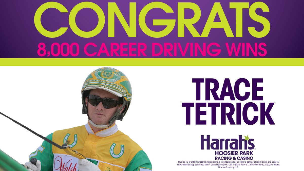 Congratulations to Trace Tetrick who secured his 8,000th career driving victory tonight <a href="/HoP_Racing/">Harrah's Hoosier Park</a> with Green River! #PlayHP