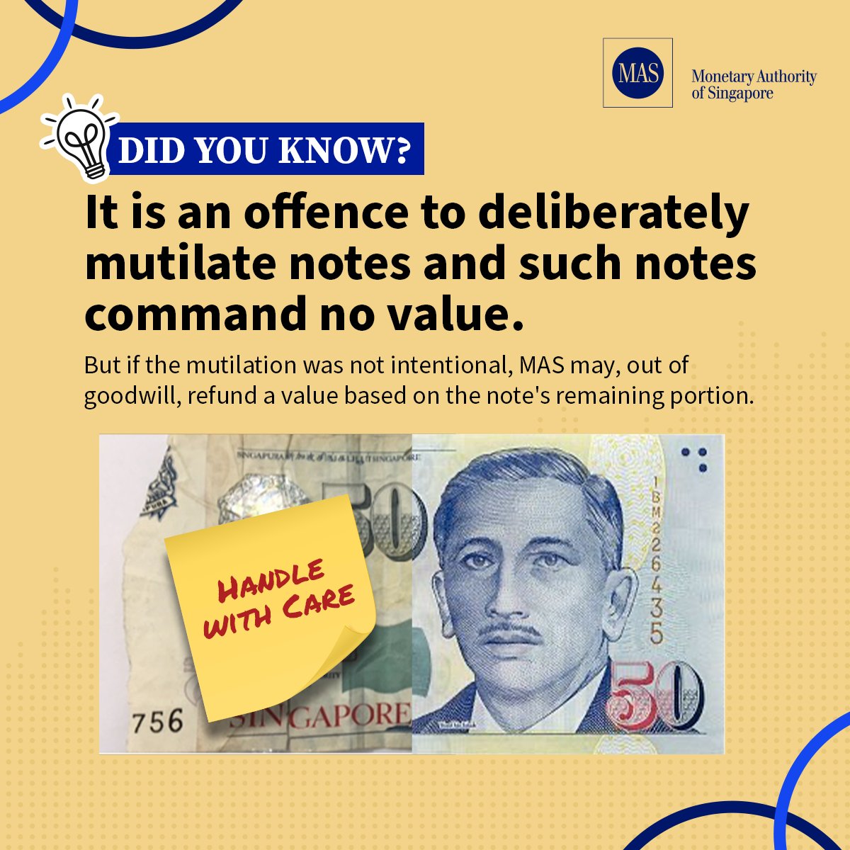 #DidYouKnow? Mutilated notes might not command any value. But if the mutilation wasn’t intentional, MAS may offer a refund. Handle your currency with care!

#MAS #Finance #CurrencyCare