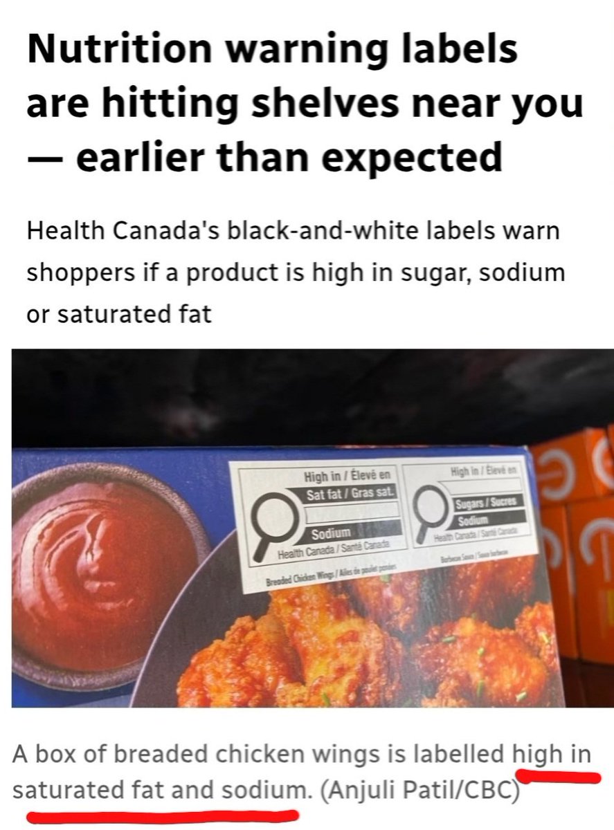 jyerdile's tweet image. So the new labels will warn Canadian consumers about the "#saturatedfat and #sodium" content, but not the amount of refined #carbs in breaded chicken wings.

cbc.ca/news/canada/no…
