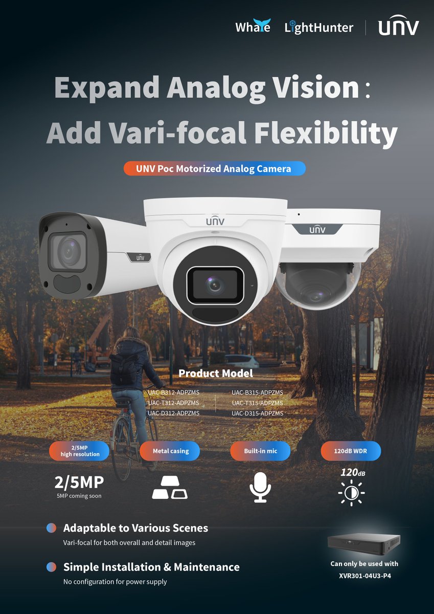 UniviewTech's tweet photo. π§ Expand Analog Vision with Vari-Focal Flexibility
Meet the UNV PoC Motorized Analog Camera β designed for versatility, built for performance.
Perfect for various scenes that demand both flexibility and clarity.
#UNV #AnalogCamera #VariFocal #PoC #XVRCompatible https://t.co/sahR7ZXppY