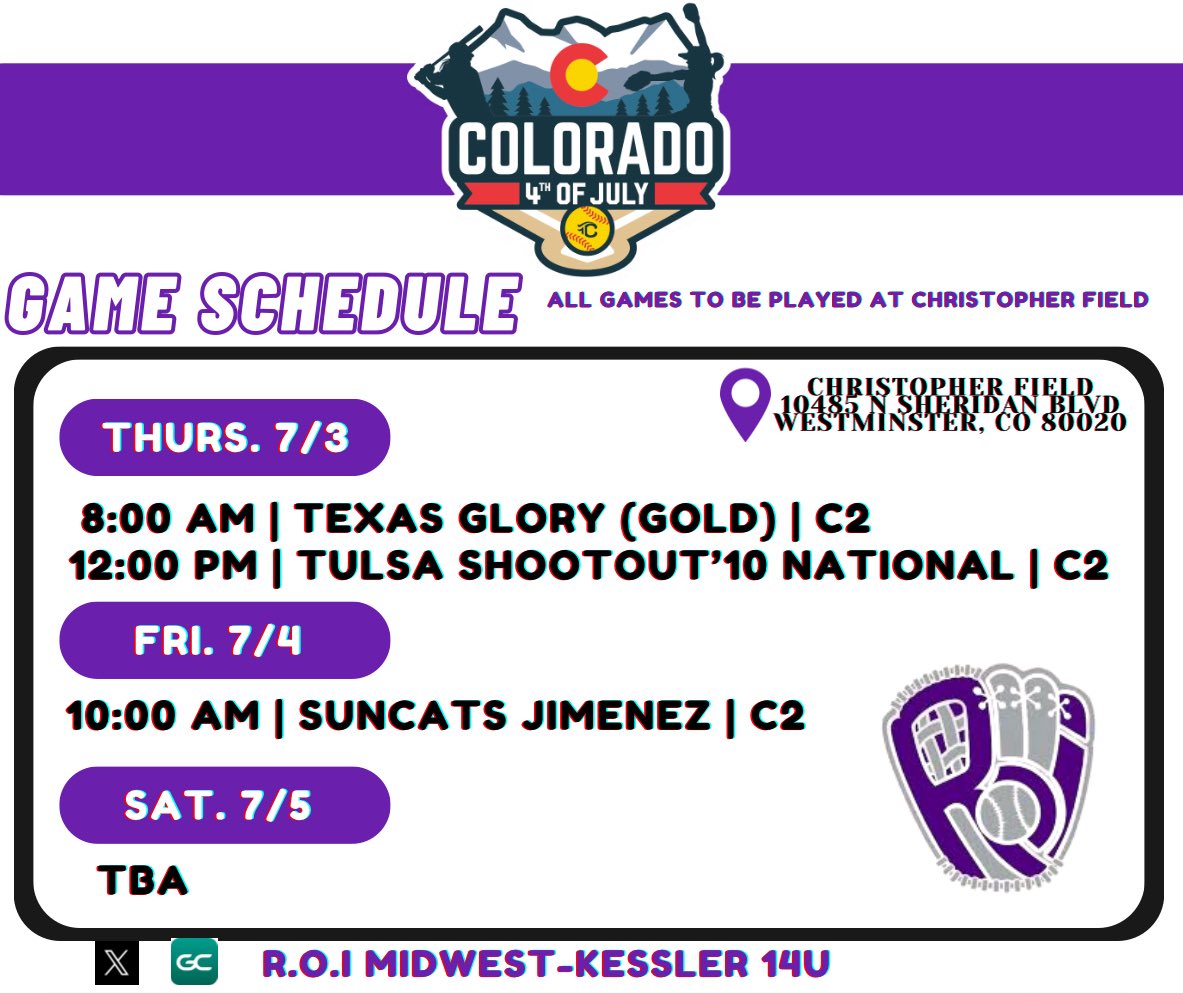 R.O.I. Midwest-Kessler 14u (@roimidwest) on Twitter photo Pool play 🔥 at the Colorado Sparkler!
💥 Thurs:
8AM vs Texas Glory (Gold)
12PM vs Tulsa Shootout ‘10 National
💥 Fri:
10AM vs Suncats Jimenez
📍Christopher Field | C2
Huge thanks to all the college coaches following our girls! 💜
#ROIMidwest #Sparkler2025 <a href="/triplecrownspts/">Triple Crown Sports</a> Pool play 🔥 at the Colorado Sparkler!
💥 Thurs:
8AM vs Texas Glory (Gold)
12PM vs Tulsa Shootout ‘10 National
💥 Fri:
10AM vs Suncats Jimenez
📍Christopher Field | C2
Huge thanks to all the college coaches following our girls! 💜
#ROIMidwest #Sparkler2025 <a href="/triplecrownspts/">Triple Crown Sports</a>