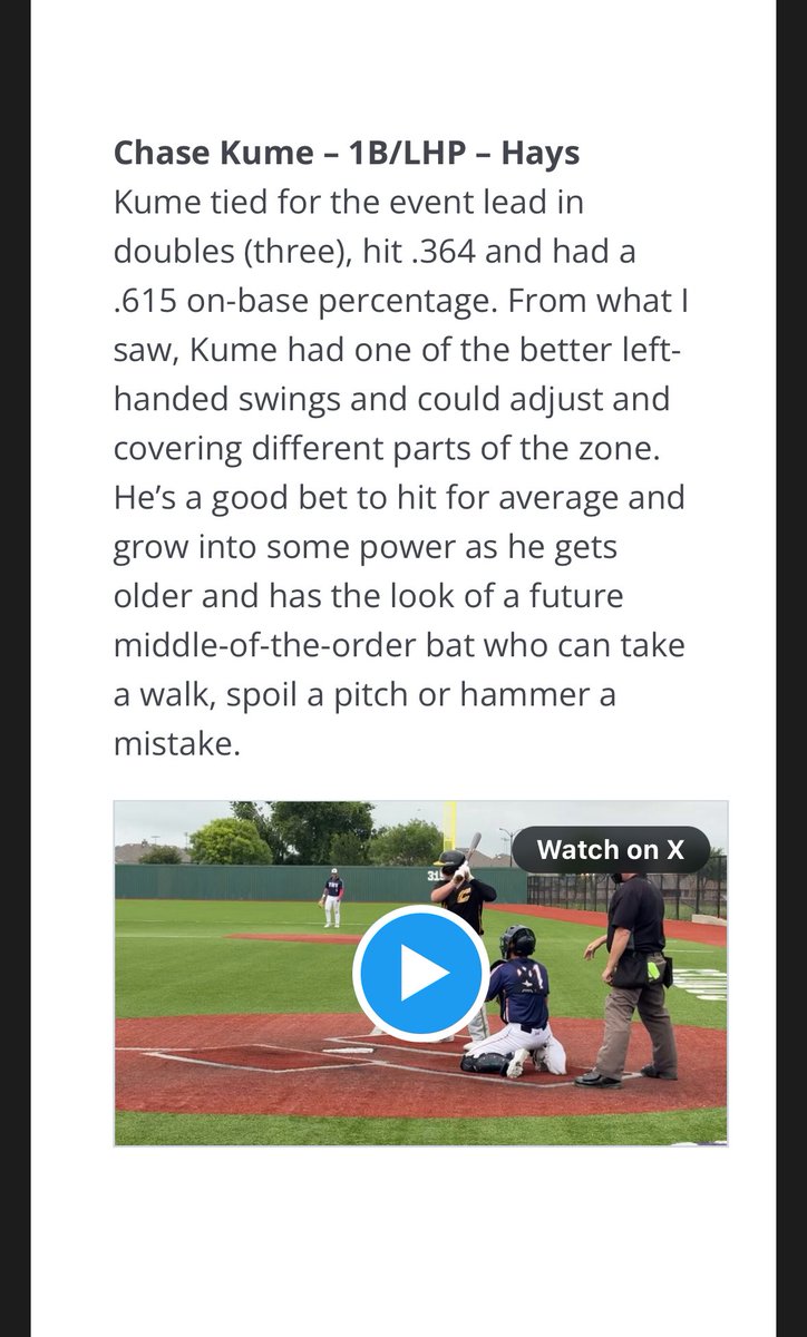 Chase (@chasekume) on Twitter photo Thank you for the write up <a href="/DustinLMcComas/">Dustin McComas</a>
<a href="/Hawk_Hardball/">Hays Hawks Baseball</a>
<a href="/canes_recruits/">Canes SW Recruiting</a>
<a href="/FiveToolTexas/">✭Five Tool Texas✭</a>
<a href="/FiveTool/">Five Tool Baseball</a> Thank you for the write up <a href="/DustinLMcComas/">Dustin McComas</a>
<a href="/Hawk_Hardball/">Hays Hawks Baseball</a>
<a href="/canes_recruits/">Canes SW Recruiting</a>
<a href="/FiveToolTexas/">✭Five Tool Texas✭</a>
<a href="/FiveTool/">Five Tool Baseball</a>