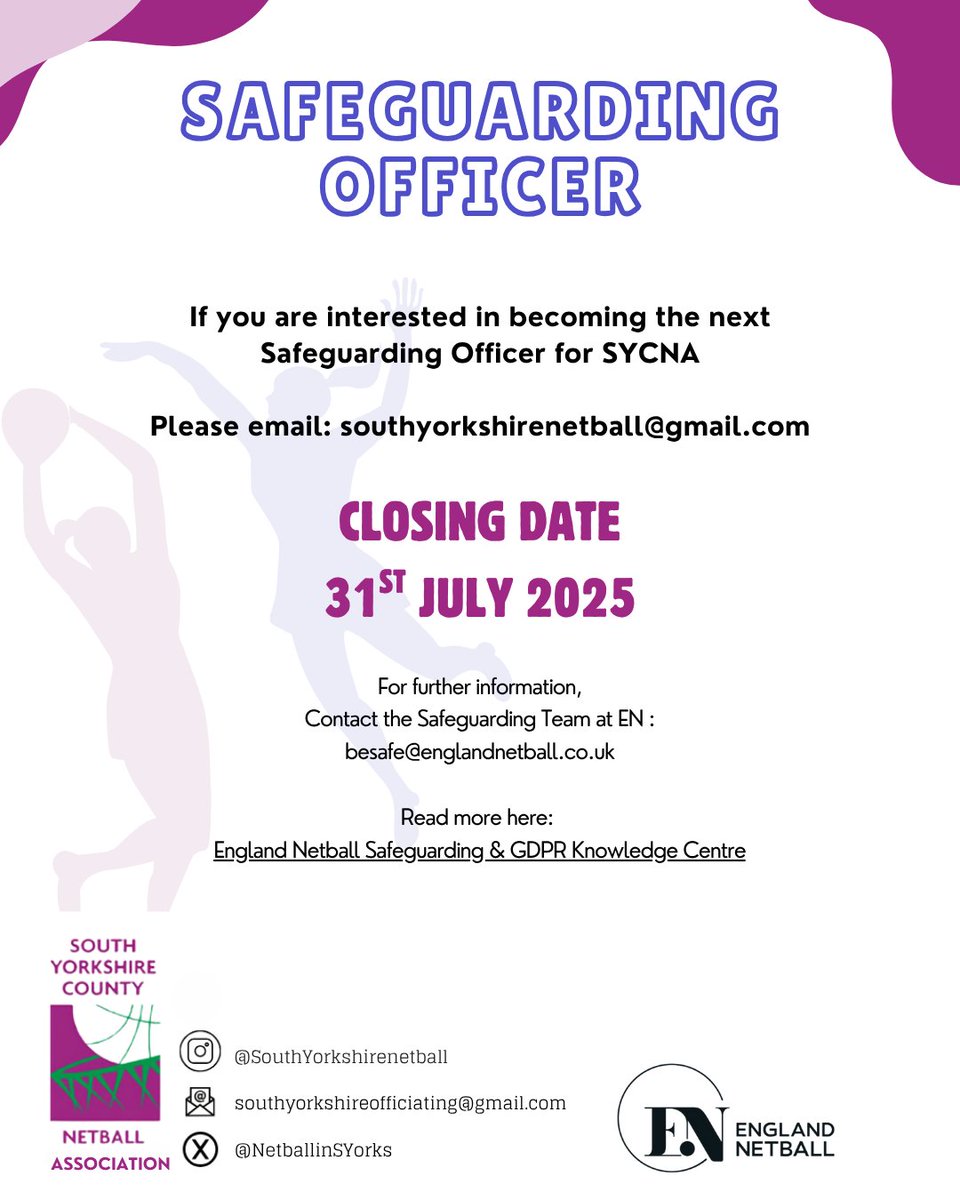 SY Netball (@synetball) on Twitter photo Join South Yorkshire Netball as our new Safeguarding Officer!environment
β
Must hold a current safeguarding certificate
π© Interested? Email: southyorksnetball@gmail.com
π
Apply by: 31st July 2025
#SafeguardingOfficer #SouthYorkshireNetball #JoinTheTeam Join South Yorkshire Netball as our new Safeguarding Officer!environment
β
Must hold a current safeguarding certificate
π© Interested? Email: southyorksnetball@gmail.com
π
Apply by: 31st July 2025
#SafeguardingOfficer #SouthYorkshireNetball #JoinTheTeam