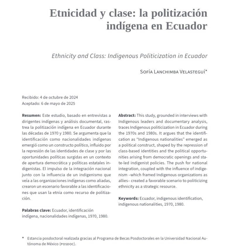 sofialanchimb's tweet image. Amigues, acá mi último artículo sobre el movimiento indígena en #Ecuador en los 70-80. La CONAIE antes de la CONAIE. Si aún no lo han hecho, pasen a leerlo y discutirlo.
revistamexicanadesociologia.unam.mx/index.php/rms/…