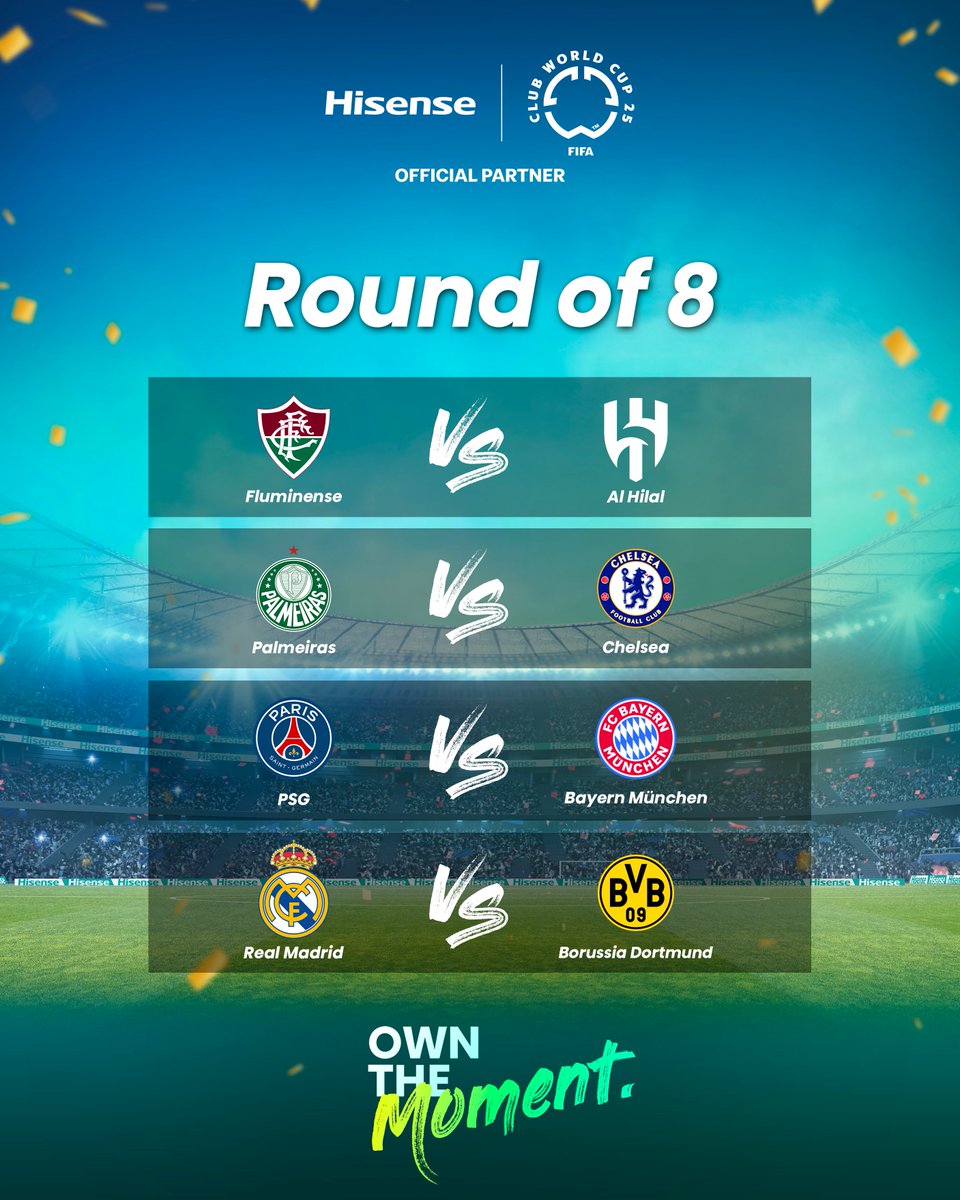 The stage is set. The final 8 are ready.
The  FIFA Club World Cup 2025™ quarter-finals are here⚽🔥
Witness every highlight moment with Hisense — let's OwnTheMoment together.

Who do you think will make it to the final 4? Drop your predictions below! 👇