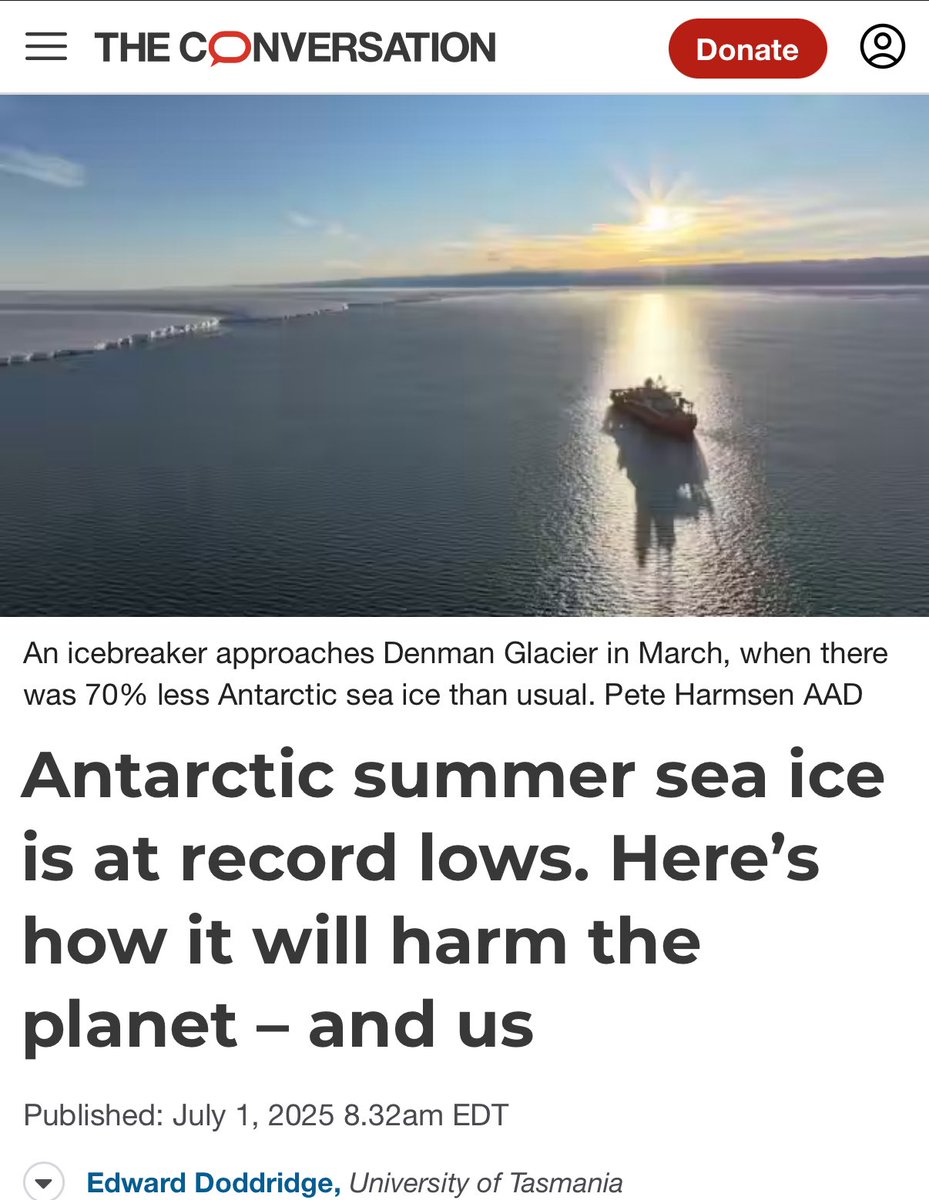 “On her first dedicated scientific voyage to Antarctica in March [2025], the Australian icebreaker RSV Nuyina found the area sea-ice free. Scientists were able to reach places never sampled before. Over the past four summers, Antarctic sea ice extent has hit new lows.”
