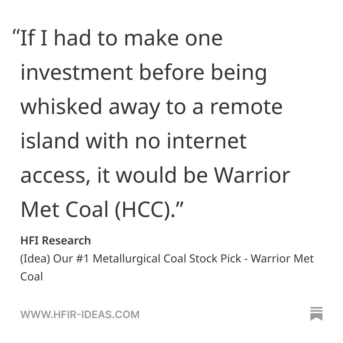 (Idea) Our #1 Metallurgical Coal Stock Pick - Warrior Met Coal

$HCC

By <a href="/Jon_Costello_/">Jon Costello</a> 

hfir-ideas.com/p/idea-our-1-m…