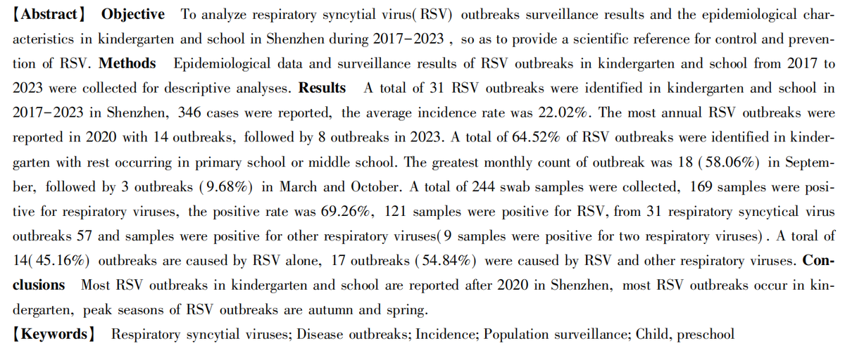 CJSHJournal's tweet image. &apos;Surveillance results of respiratory syncytial virus outbreaks in kindergarten and school in Shenzhen, 2017-2023&apos; an article on #ScienceOpen: scienceopen.com/document?vid=8…