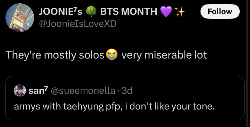 taeislife4ever's tweet photo. @feeragreen Most of people in this fandom treat tae biased army as anti.. remember these tweets few days back..
Like you can have any other member as bias but not tae 🤷 https://t.co/aSyhKVoJVu