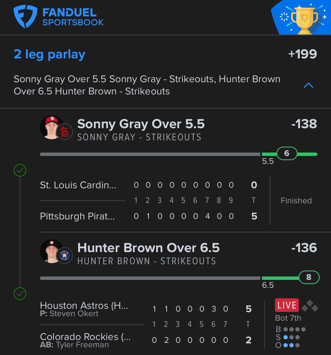 lazerpicks101's tweet image. Sonny Gray 💨 Hunter Brown 💥
Strikeout Kings CASHED 👑🔥
Both hit their K lines and made it look easy — straight 🔒💰 for the squad! #KPropKings #VIPWin #TrustTheHeat