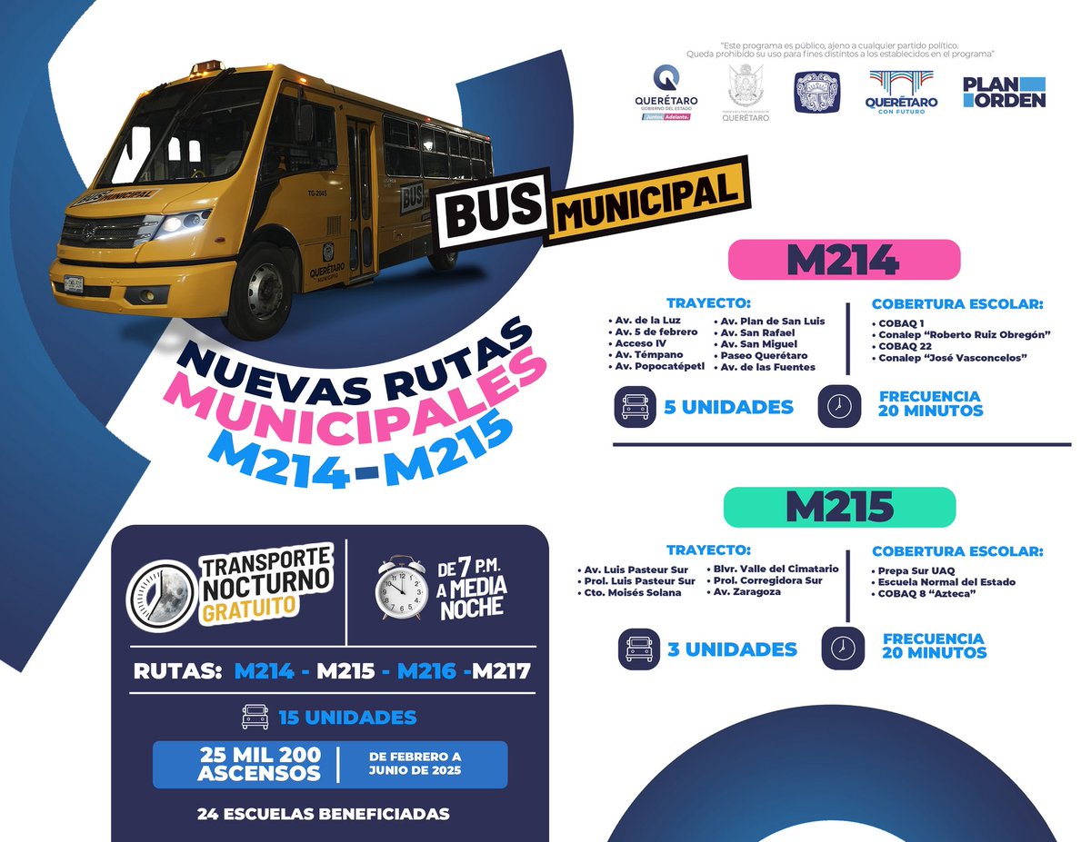 ¡Más rutas, más destinos!
El Bus Municipal suma 2 nuevas rutas para que más personas se muevan por Querétaro fácil y GRATIS.
📅 El servicio es 100% gratuito hasta el 5 de julio.
Después, regístrate en: …municipal.municipiodequeretaro.gob.mx para seguir disfrutando el servicio  sin costo.
