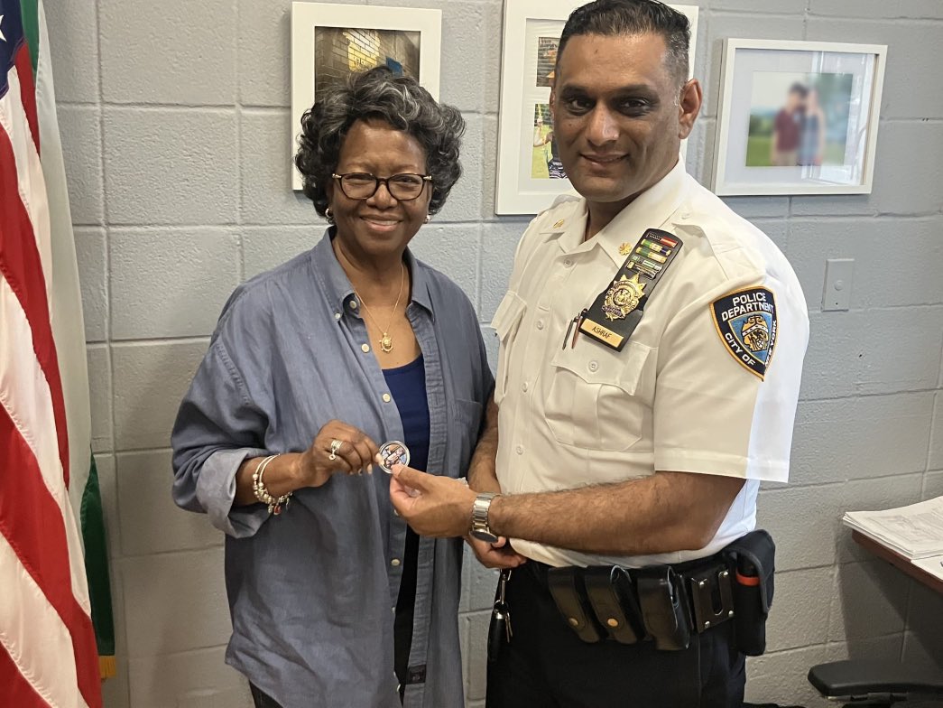 The first of many meetings between deputy Inspector Muhammad Ashraf and 47th Precinct community council president Cheryl McNear. Deputy Inspector Muhammad had the honor of passing along the 47th Precinct challenge coin today.
