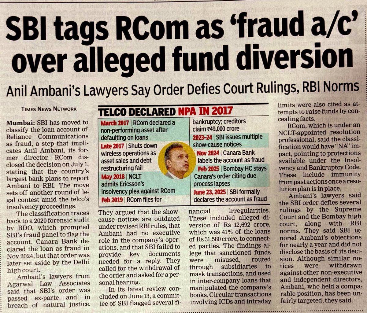 With the SBI terming M/s Reliance Communications’ account as ‘fraud’, will the PSB follow the course and file a complaint with CBI promptly ?
And how long will CBI take to register the case based on SBI’s complaint followed by ED’s PMLA ?!

₹4,90,00,00,00,000 of public money at