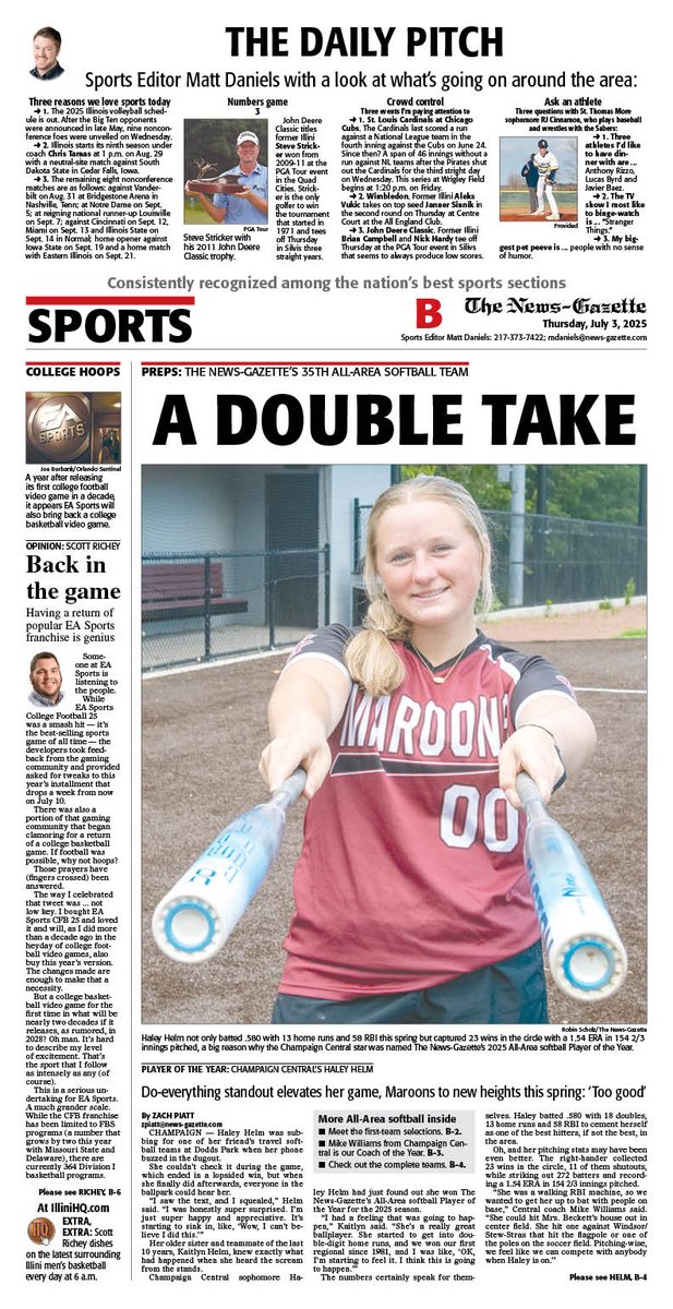 News-Gazette Preps (@ngpreps) on Twitter photo Thursday's N-G sports cover features <a href="/zachpiatt13/">Zach Piatt</a> on our 35th All-Area softball team led by Player of the Year Haley Helm of <a href="/maroonathletics/">Champaign Maroons</a>, plus <a href="/srrichey/">Scott Richey</a> on EA Sports college basketball video game and <a href="/mdaniels_NG/">Matt Daniels</a>'s latest Daily Pitch.
<a href="/APSE_sportmedia/">APSE</a>
<a href="/ngphotostaff/">News-Gazette Photo</a> Thursday's N-G sports cover features <a href="/zachpiatt13/">Zach Piatt</a> on our 35th All-Area softball team led by Player of the Year Haley Helm of <a href="/maroonathletics/">Champaign Maroons</a>, plus <a href="/srrichey/">Scott Richey</a> on EA Sports college basketball video game and <a href="/mdaniels_NG/">Matt Daniels</a>'s latest Daily Pitch.
<a href="/APSE_sportmedia/">APSE</a>
<a href="/ngphotostaff/">News-Gazette Photo</a>