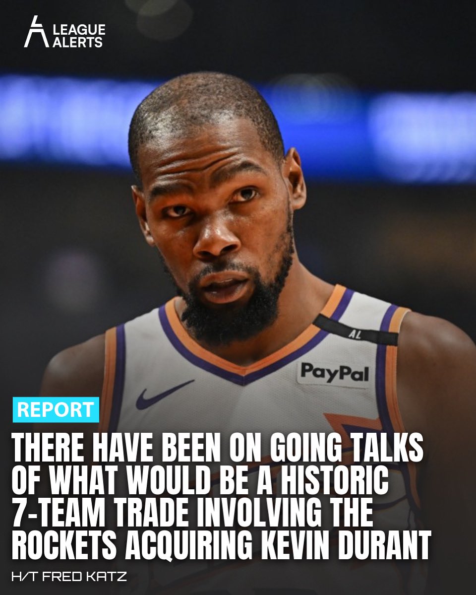 The Rockets and Suns are working on expanding the Kevin Durant trade into a deal that would involve a league-record seven teams.
-
Phoenix Suns
Houston Rockets
Atlanta Hawks
Brooklyn Nets
Golden State Warriors
Los Angeles Lakers
Minnesota Timberwolves