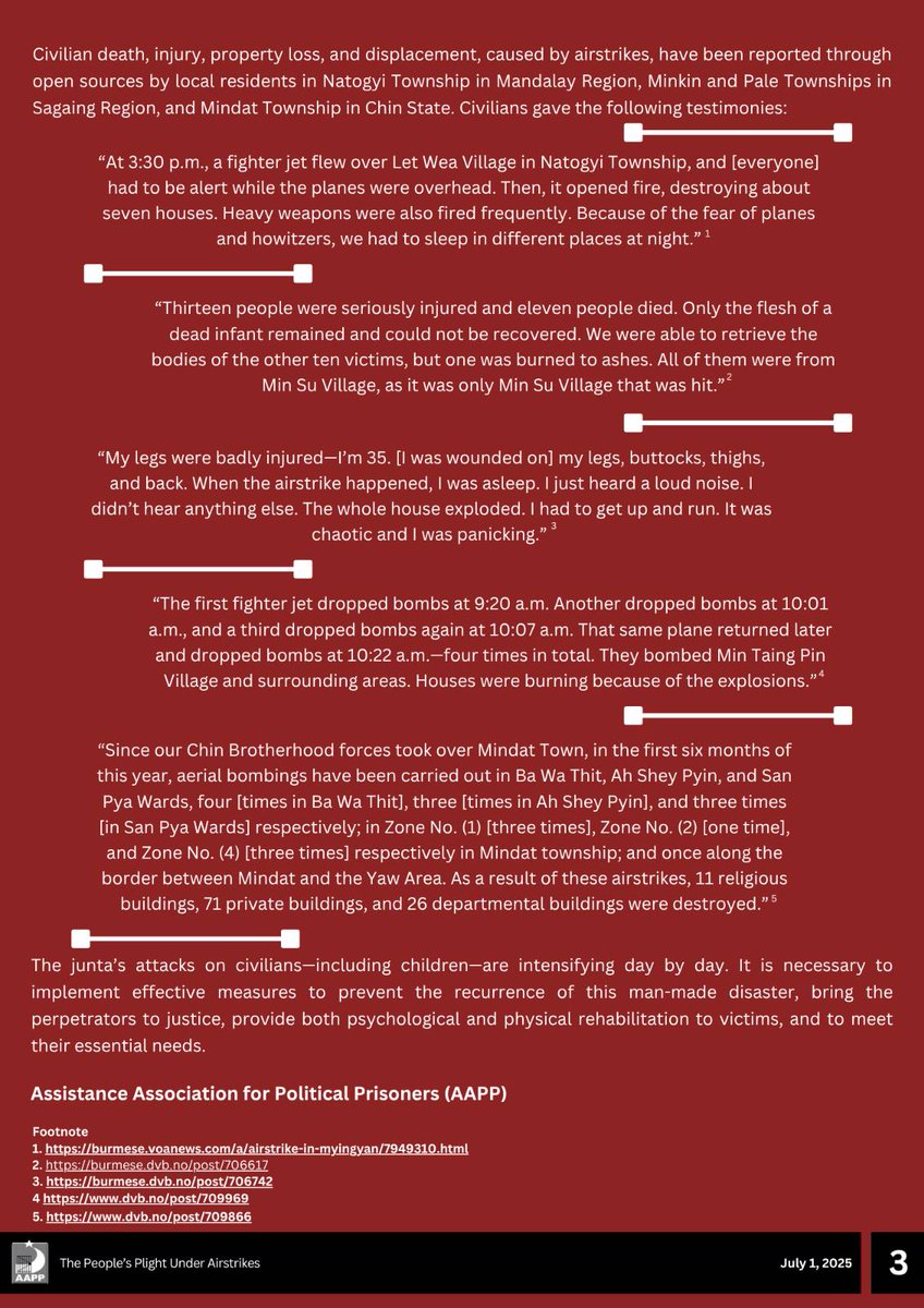 aapp_burma's tweet image. New Release: The People's Plight Under Airstrikes
From the coup in 2021 to June 30, 2025, (1505) civilians have been confirmed as killed in junta airstrikes nationwide in #Myanmar. These are the identities that have been verified.
Find it here: aappb.org/?p=33186