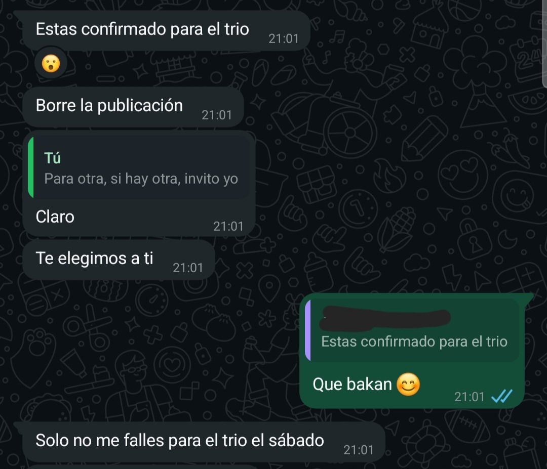 Me confirmaron para otro trío 🥳 😈

Ya van 3 en poco más de un mes, cuando aprendes a hacerla como tercero el resto lo nota.
