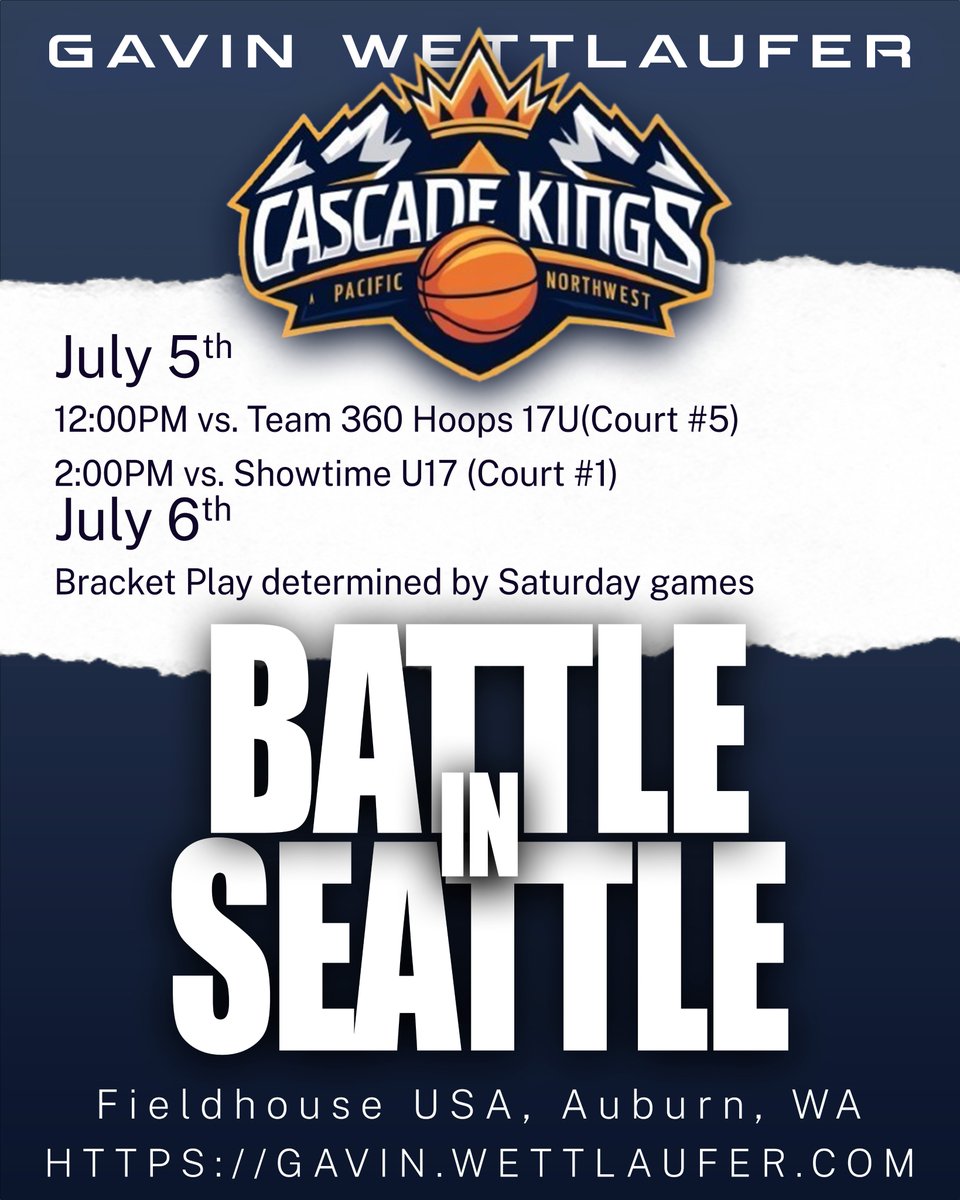 Come join us at #FieldhouseUSA in Auburn this weekend for the Battle in Seattle. <a href="/aog_events/">Attitude of Gratitude National Events</a>  #aogevents #battleinseattle. <a href="/CascadeKings/">Cascade Kings</a> 
Highlights, Skills and Full game film at:
gavin.wettlaufer.com